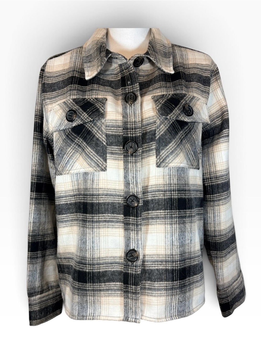 BB Dakota x Steve Madden Black White Beige Plaid Flannel Shirt Jacket Shacket L